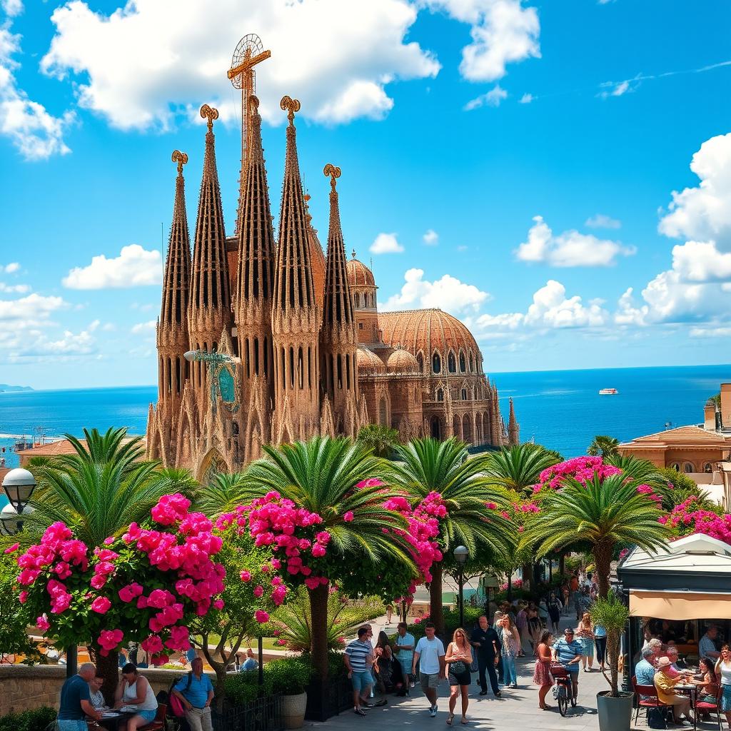 A vibrant landscape of Spain featuring the iconic Sagrada Familia in Barcelona, with its intricate architectural details and colorful mosaic tiles