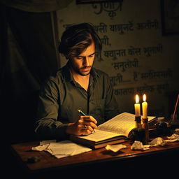 A passionate poet in a vintage, dimly lit room, deeply focused on writing in a large, leather-bound notebook