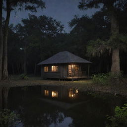 The mysterious dark bayou with the old shack and lurking alligators. Now with added night creatures - owls, bats and raccoons, and an increased number of shimmering fireflies twinkling in the darkness.