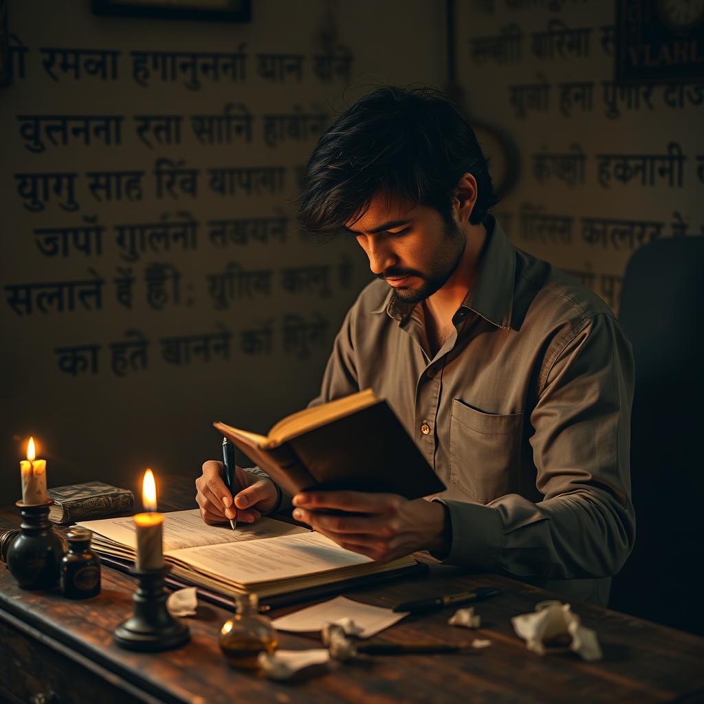 A passionate poet in a vintage, dimly lit room, deeply focused on writing in a large, leather-bound notebook