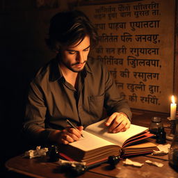 A passionate poet in a vintage, dimly lit room, deeply focused on writing in a large, leather-bound notebook