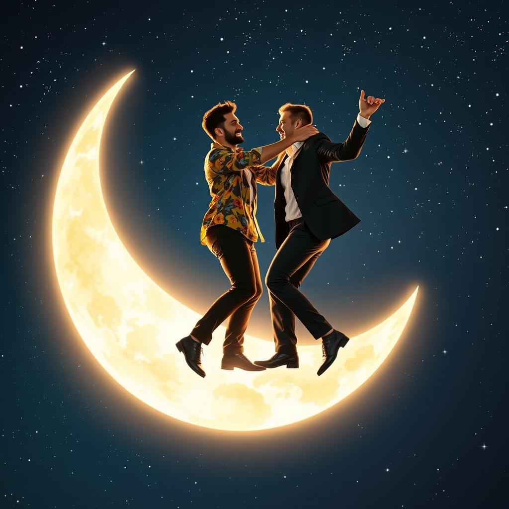 Two men dancing joyfully together on a shining moon, surrounded by a starry night sky filled with twinkling stars