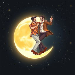 Two men dancing joyfully together on a shining moon, surrounded by a starry night sky filled with twinkling stars