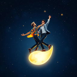 Two men dancing joyfully together on a shining moon, surrounded by a starry night sky filled with twinkling stars