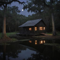 The mysterious dark bayou with the old shack and lurking alligators. Now with added night creatures - owls, bats and raccoons, and an increased number of shimmering fireflies twinkling in the darkness.