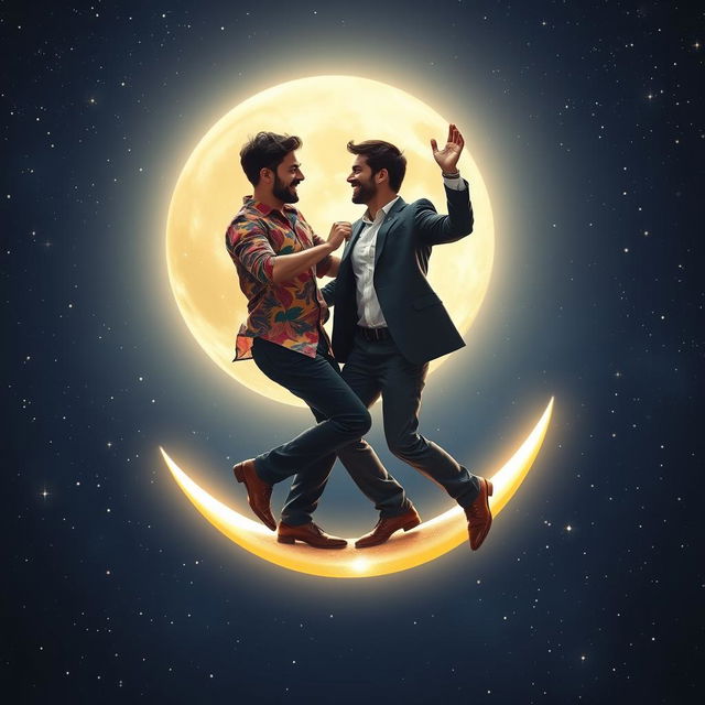 Two men dancing joyfully together on a shining moon, surrounded by a starry night sky filled with twinkling stars