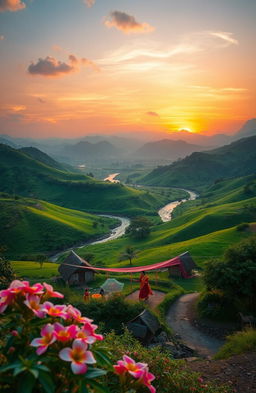 A beautiful and serene landscape capturing the essence of nature in Maharashtra, featuring lush green hills, a flowing river, and a vibrant sunset