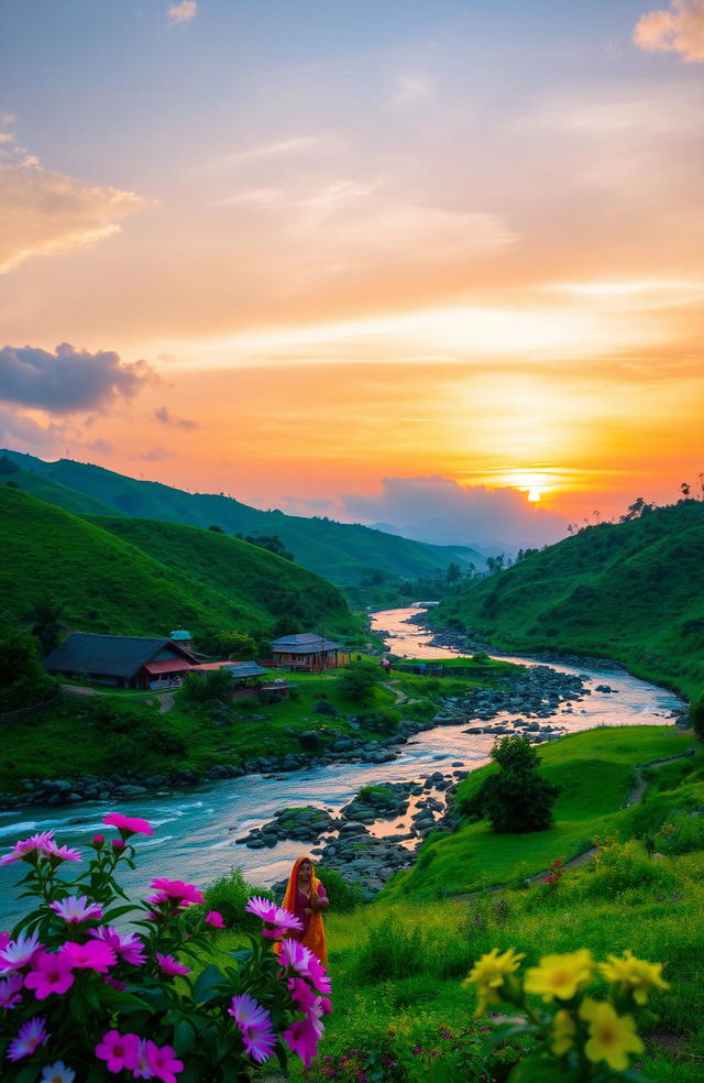 A beautiful and serene landscape capturing the essence of nature in Maharashtra, featuring lush green hills, a flowing river, and a vibrant sunset