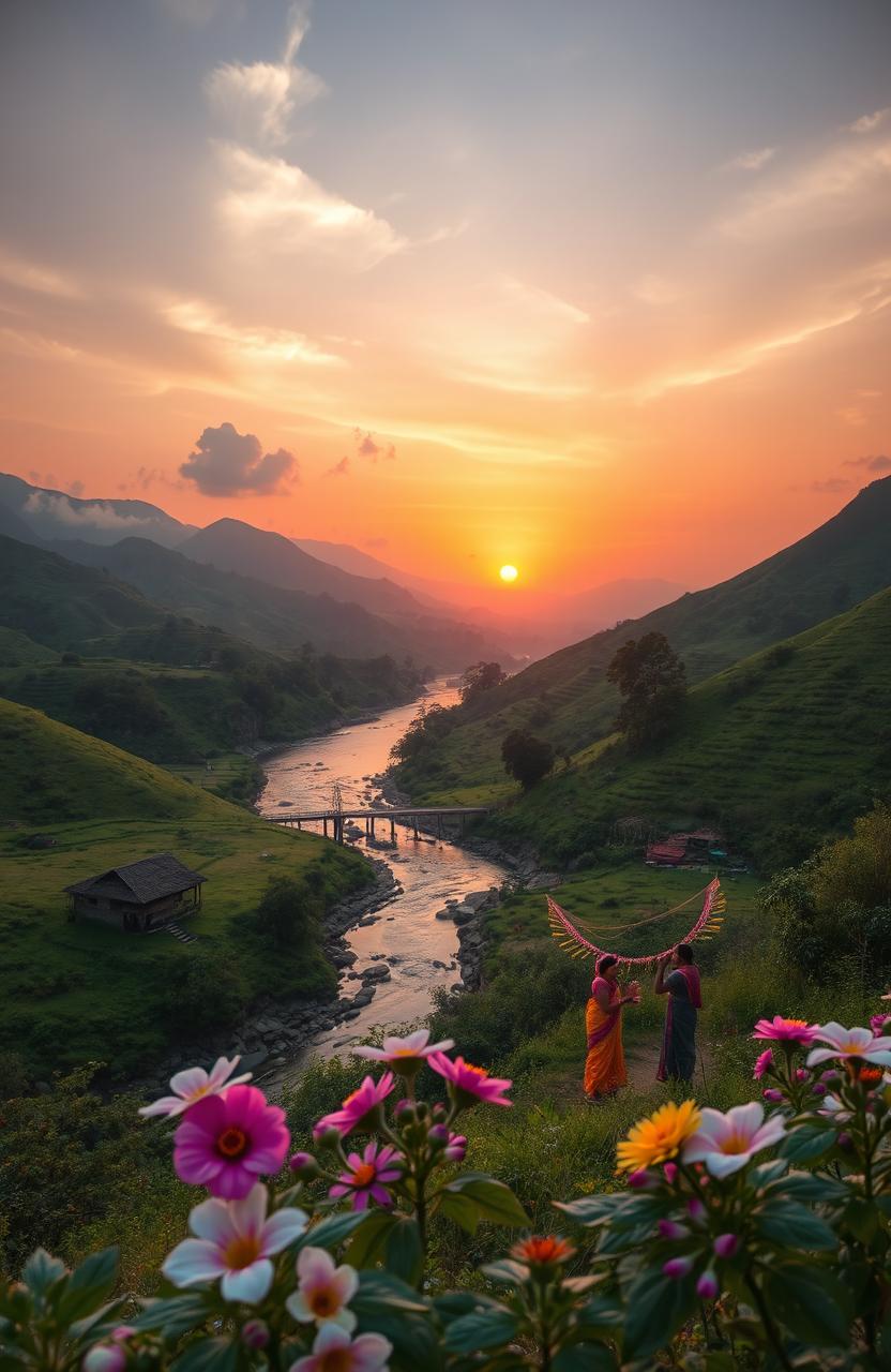 A beautiful and serene landscape capturing the essence of nature in Maharashtra, featuring lush green hills, a flowing river, and a vibrant sunset