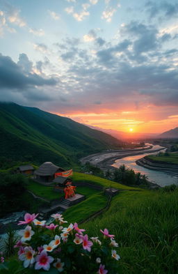 A beautiful and serene landscape capturing the essence of nature in Maharashtra, featuring lush green hills, a flowing river, and a vibrant sunset