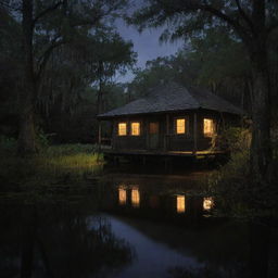 The mysterious dark bayou with the old shack and lurking alligators. Now with added night creatures - owls, bats and raccoons, and an increased number of shimmering fireflies twinkling in the darkness.