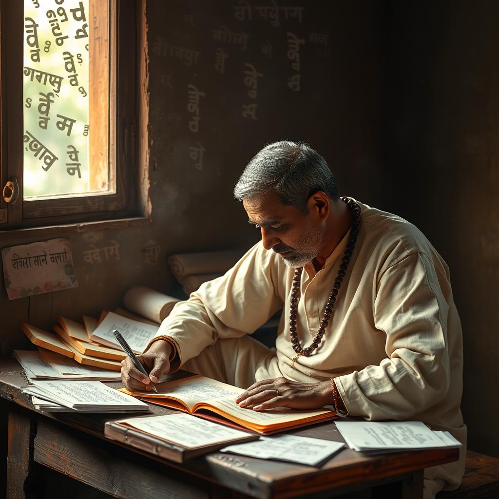 A traditional Marathi poet, deeply focused on writing poetry, seated at a rustic wooden desk with paper scattered around him