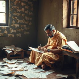 A traditional Marathi poet, deeply focused on writing poetry, seated at a rustic wooden desk with paper scattered around him