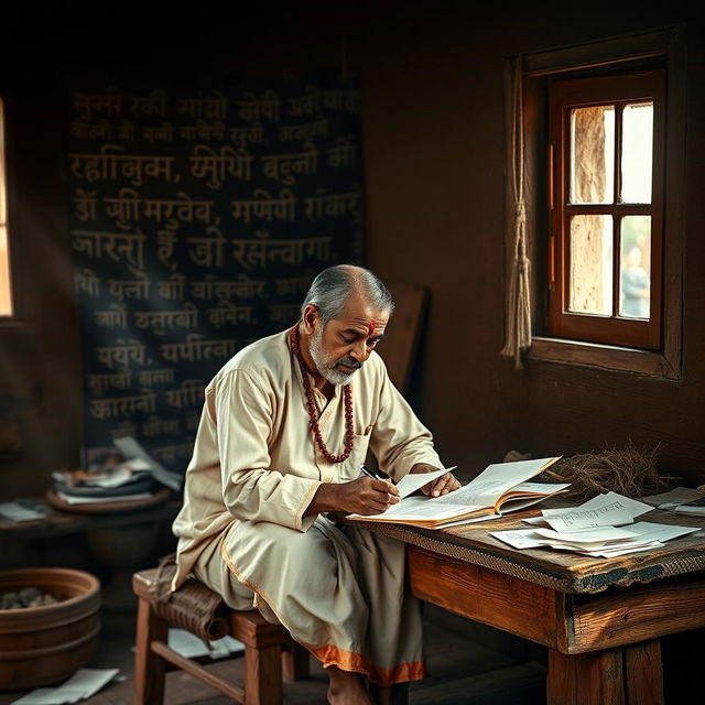 A traditional Marathi poet, deeply focused on writing poetry, seated at a rustic wooden desk with paper scattered around him