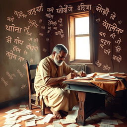 A traditional Marathi poet, deeply focused on writing poetry, seated at a rustic wooden desk with paper scattered around him