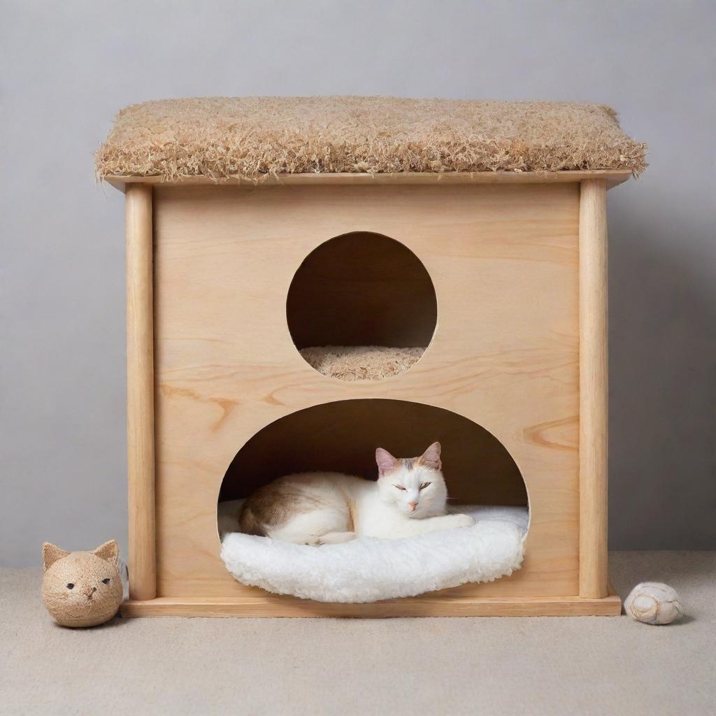 Modify the dream symbols above the sleeping cat to show an elaborate cat house with scratching posts, toys, and comfy sleeping spots, making it clear the cat is dreaming about its ideal home.