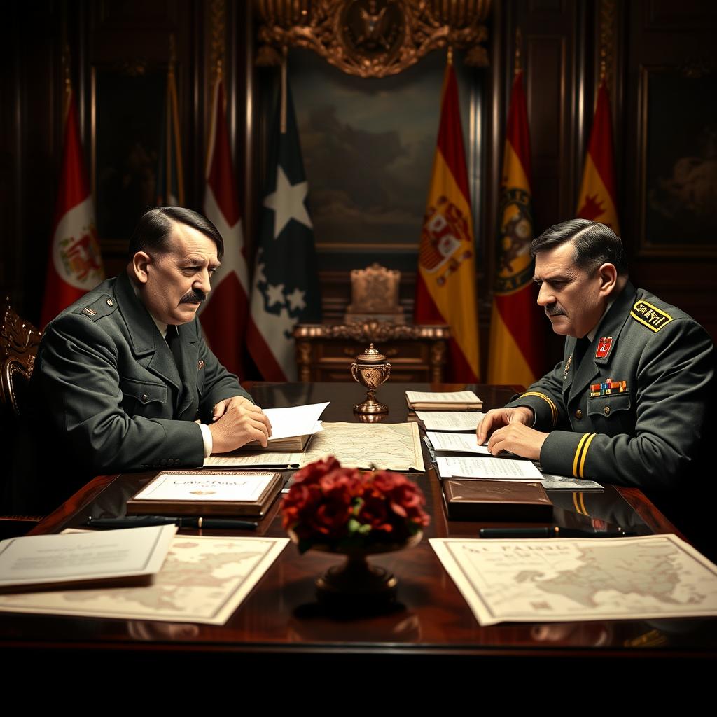 A historical reimagining of the meeting between Adolf Hitler and Francisco Franco during World War II