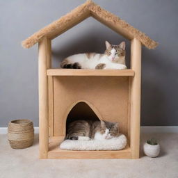 Modify the dream symbols above the sleeping cat to show an elaborate cat house with scratching posts, toys, and comfy sleeping spots, making it clear the cat is dreaming about its ideal home.