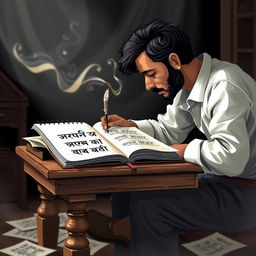 A captivating illustration of a poet immersed in the act of writing poetry, sitting at a vintage wooden desk surrounded by papers and a quill