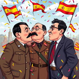 A surreal and politically charged scene featuring three historical figures – Adolf Hitler, Francisco Franco, and Pedro Sánchez – engaged in a humorous triple kiss