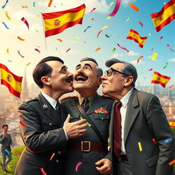 A surreal and politically charged scene featuring three historical figures – Adolf Hitler, Francisco Franco, and Pedro Sánchez – engaged in a humorous triple kiss