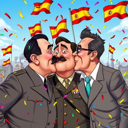 A surreal and politically charged scene featuring three historical figures – Adolf Hitler, Francisco Franco, and Pedro Sánchez – engaged in a humorous triple kiss