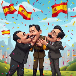 A surreal and politically charged scene featuring three historical figures – Adolf Hitler, Francisco Franco, and Pedro Sánchez – engaged in a humorous triple kiss