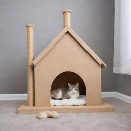 Modify the dream symbols above the sleeping cat to show an elaborate cat house with scratching posts, toys, and comfy sleeping spots, making it clear the cat is dreaming about its ideal home.