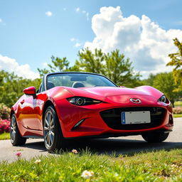 A charming and cute Mazda Miata parked on a sunny day, showcasing its sleek convertible design and vibrant color