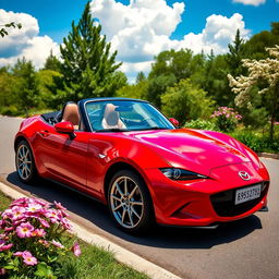 A charming and cute Mazda Miata parked on a sunny day, showcasing its sleek convertible design and vibrant color