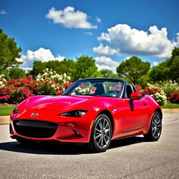 A charming and cute Mazda Miata parked on a sunny day, showcasing its sleek convertible design and vibrant color