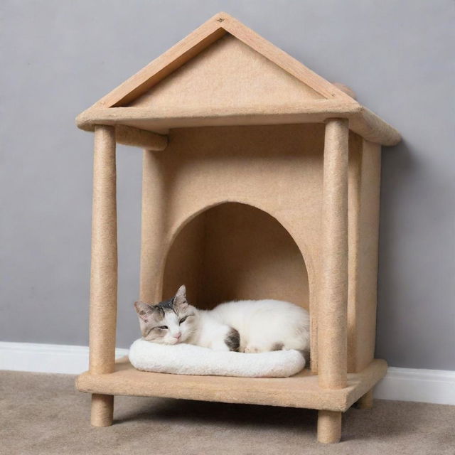 Modify the dream symbols above the sleeping cat to show an elaborate cat house with scratching posts, toys, and comfy sleeping spots, making it clear the cat is dreaming about its ideal home.