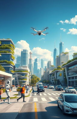 A futuristic cityscape showcasing advanced AI and robotics integration into everyday life