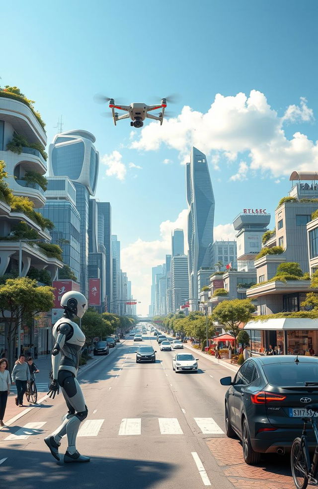 A futuristic cityscape showcasing advanced AI and robotics integration into everyday life