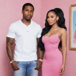 Illustrate a scene where Nicki Minaj is meeting Donovan for the first time. They are each characterised by their unique style and charisma, in a sophisticated yet casual setting.