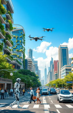 A futuristic cityscape showcasing advanced AI and robotics integration into everyday life