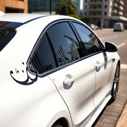 A sleek white car adorned with intricate black Arabic calligraphy elegantly spread across its body