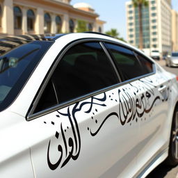 A sleek white car adorned with intricate black Arabic calligraphy elegantly spread across its body