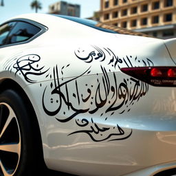 A sleek white car adorned with intricate black Arabic calligraphy elegantly spread across its body