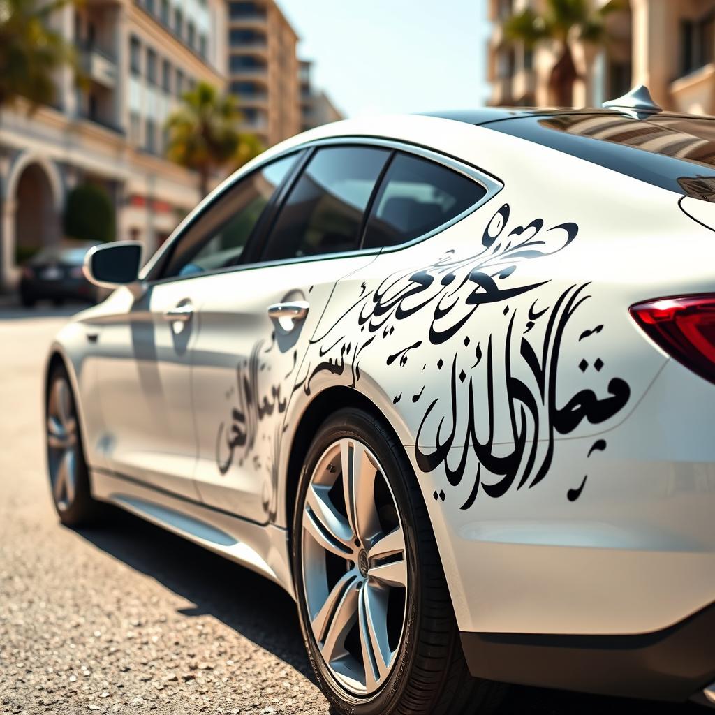 A sleek white car adorned with intricate black Arabic calligraphy elegantly spread across its body