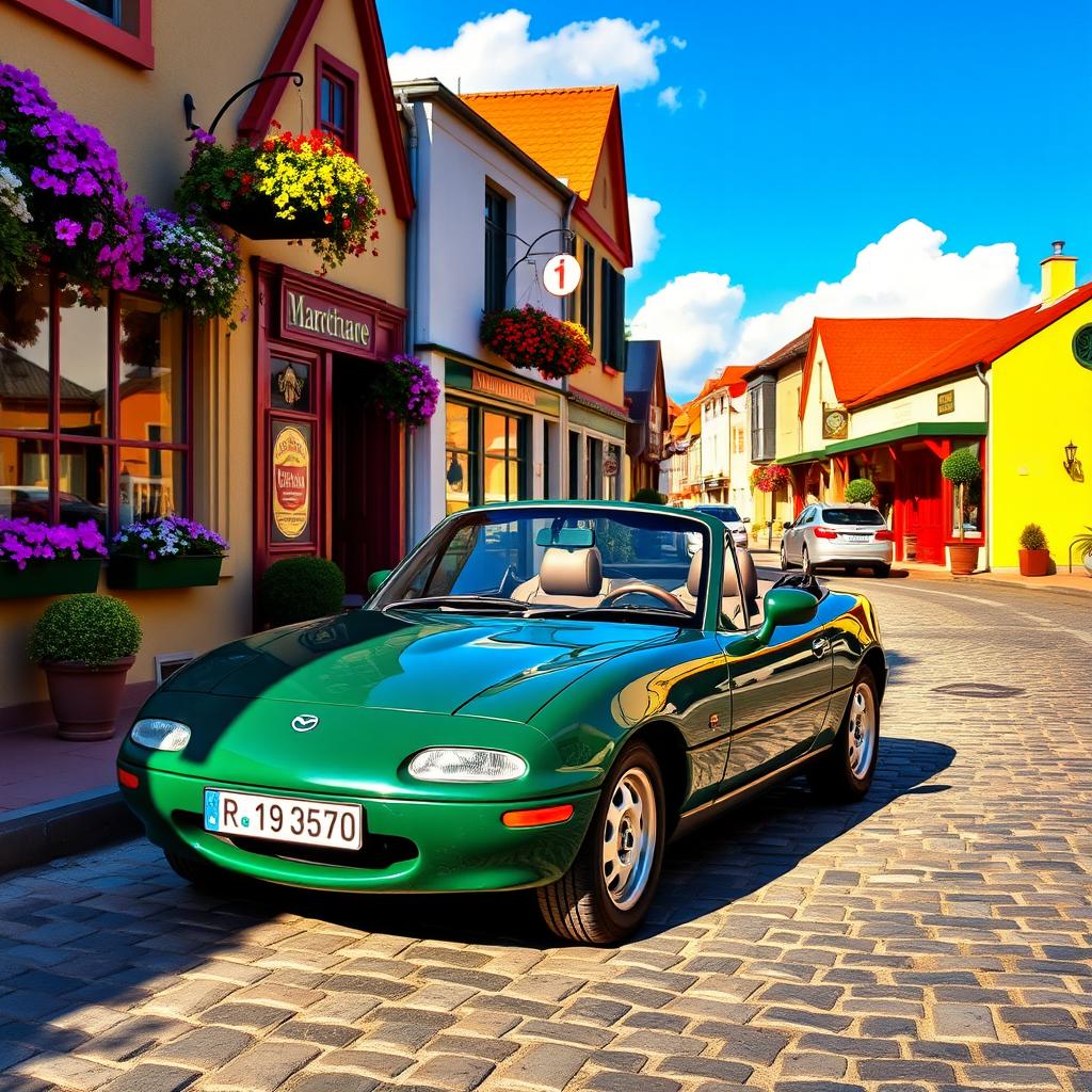 A cute 1990 Mazda Miata parked on a charming cobblestone street, accentuated by its classic convertible design and iconic round headlights