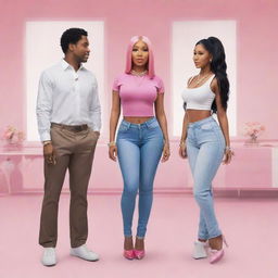 Illustrate a scene where Nicki Minaj is meeting Donovan for the first time. They are each characterised by their unique style and charisma, in a sophisticated yet casual setting.