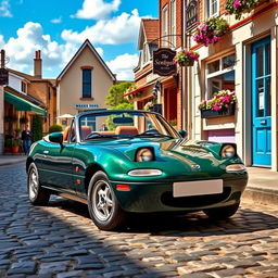 A cute 1990 Mazda Miata parked on a charming cobblestone street, accentuated by its classic convertible design and iconic round headlights