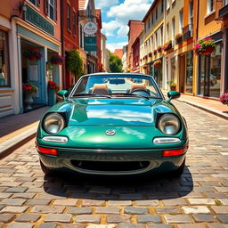 A cute 1990 Mazda Miata parked on a charming cobblestone street, accentuated by its classic convertible design and iconic round headlights