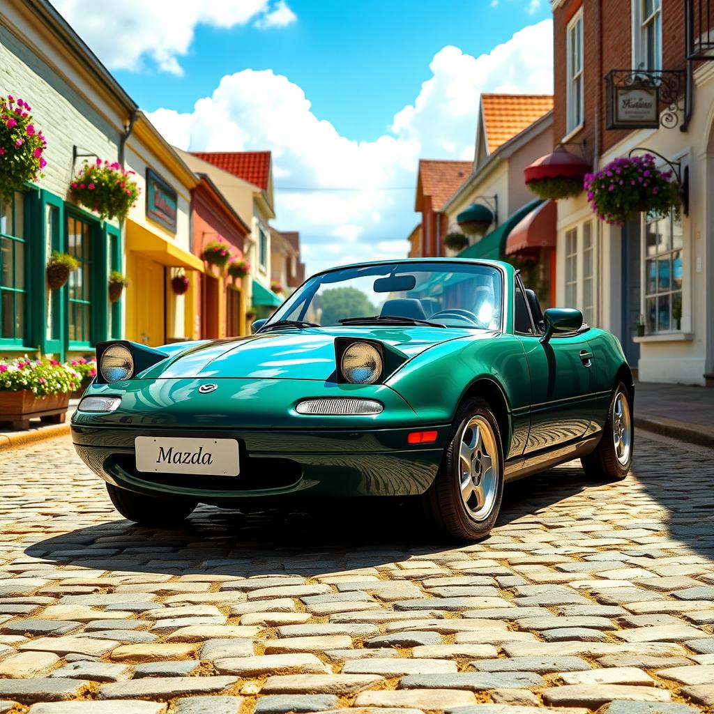 A cute 1990 Mazda Miata parked on a charming cobblestone street, accentuated by its classic convertible design and iconic round headlights