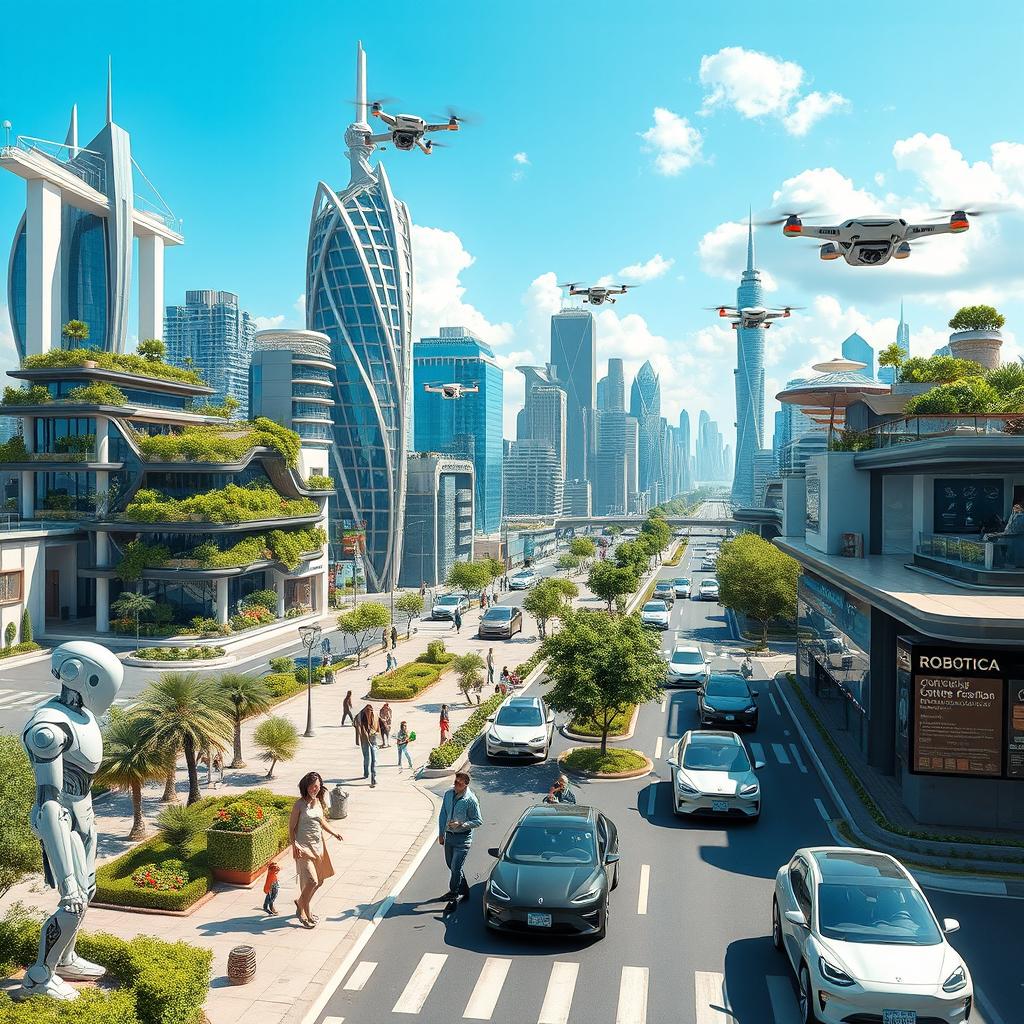 A futuristic cityscape showcasing advanced AI and robotics integration into everyday life, titled 'AI and Robotics: Shaping Tomorrow'