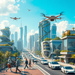 A futuristic cityscape showcasing advanced AI and robotics integration into everyday life, titled 'AI and Robotics: Shaping Tomorrow'