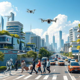 A futuristic cityscape showcasing advanced AI and robotics integration into everyday life, titled 'AI and Robotics: Shaping Tomorrow'