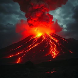 A dramatic scene of a volcano erupting, with molten lava spewing out and glowing brightly against a dark, smoky sky