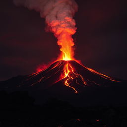 A dramatic scene of a volcano erupting, with molten lava spewing out and glowing brightly against a dark, smoky sky